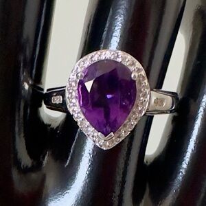 Amethyst Pear-Cut Halo Ring Sterling Silver 925 w/ White Topaz – Size 7